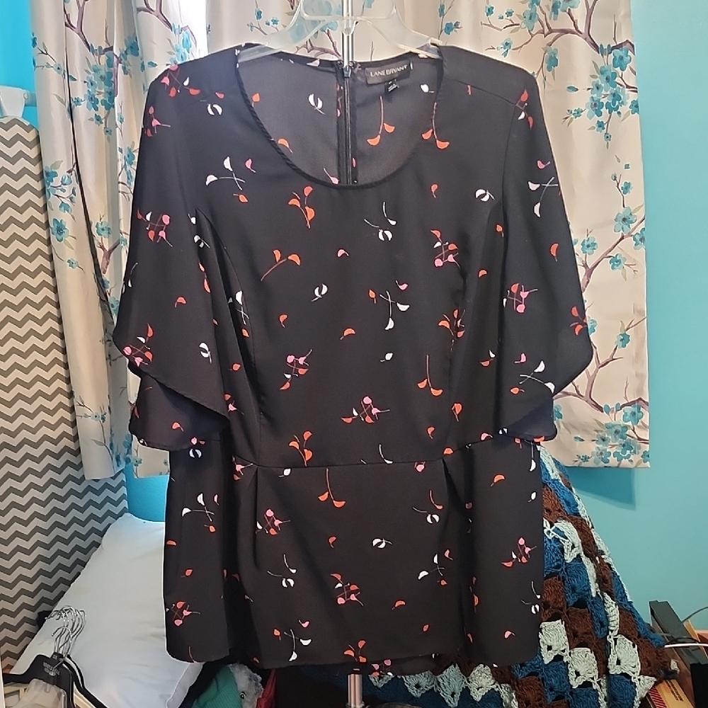 Lane Bryant Black Floral Blouse with Flutter Sleeves